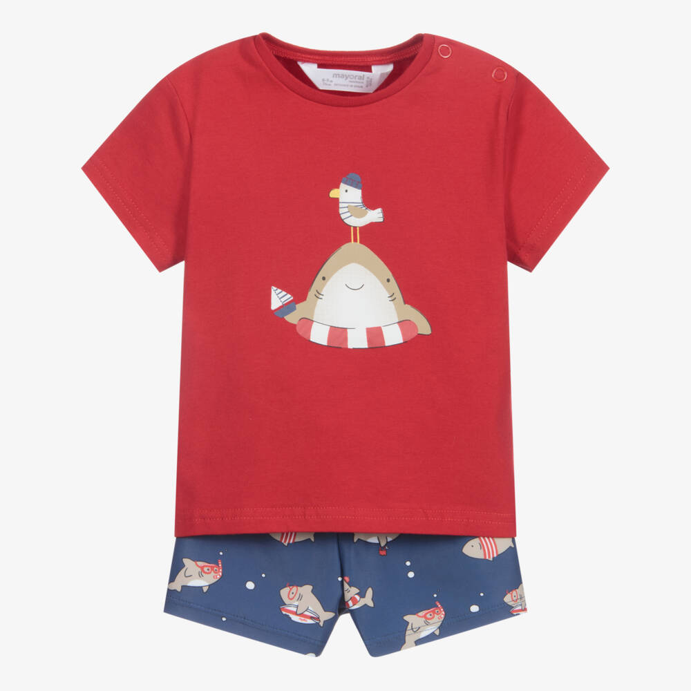 Mayoral-طقم تيشيرت قطن جيرسي وشورت لون أحمر وأزرق | Childrensalon Outlet