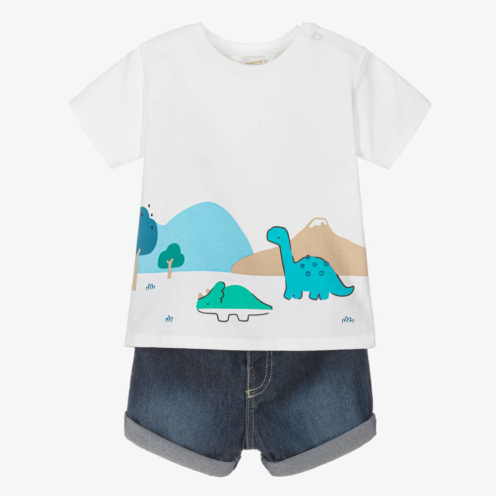 Mayoral - Baby Boys White & Blue Denim Shorts Set | Childrensalon