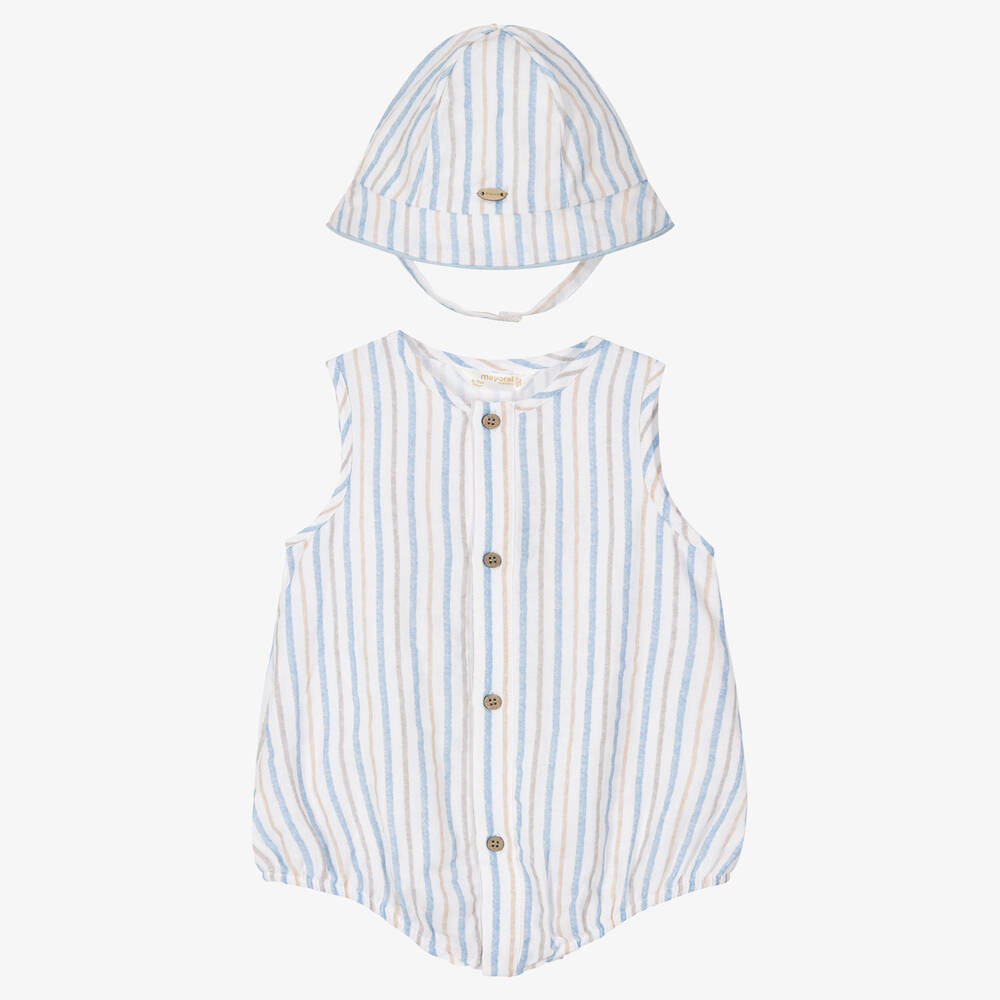 Mayoral - Baby Boys White & Blue Striped Shortie Set | Childrensalon