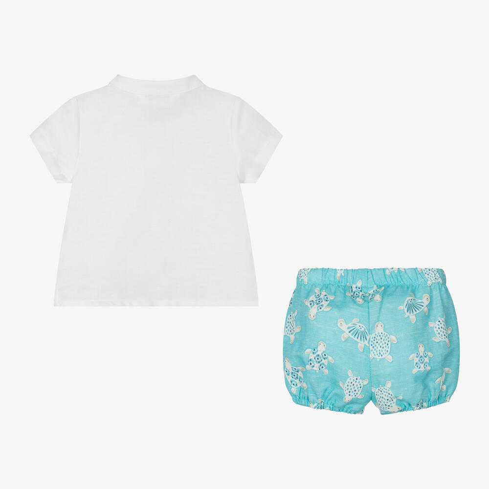 Mayoral Newborn-Baby Boys White & Blue Turtle Shorts Set | Childrensalon Outlet