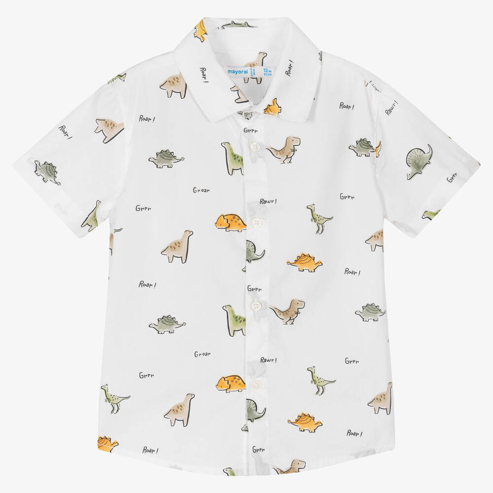 Mayoral - Белая хлопковая рубашка с динозаврами | Childrensalon