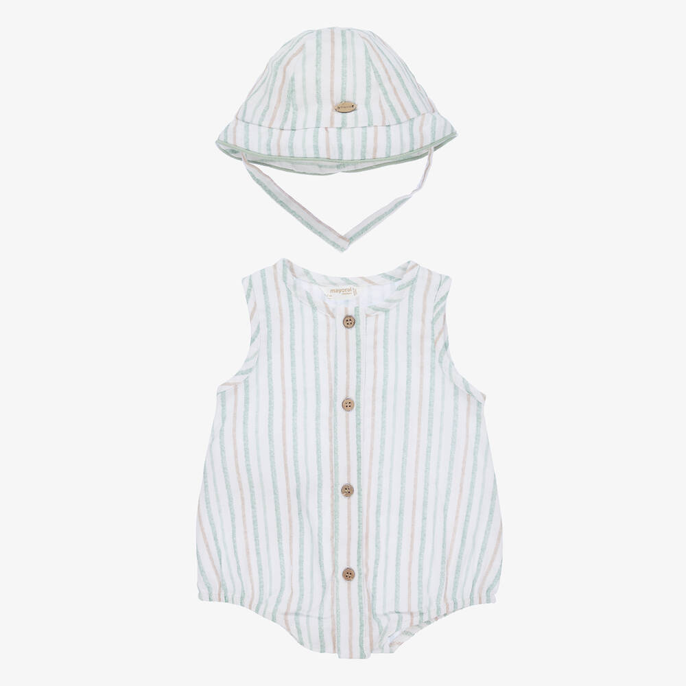 Mayoral - Baby Boys White & Green Striped Shortie Set | Childrensalon