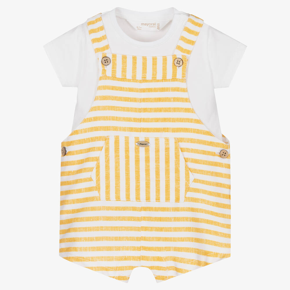 Mayoral - Baby Boys Yellow Stripe Cotton Dungaree Set | Childrensalon