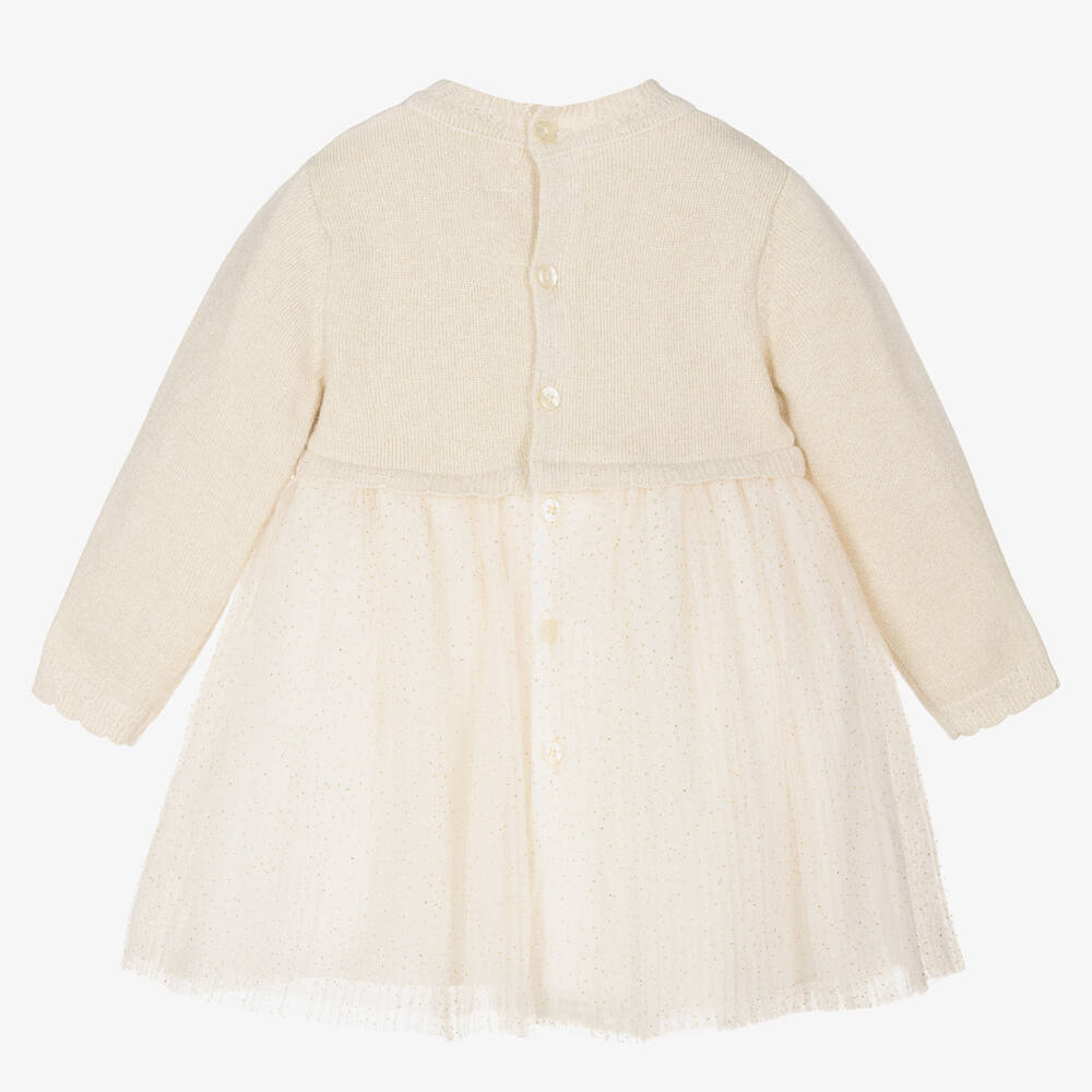 Mayoral-Baby Girls Beige & Gold Dot Tulle Dress | Childrensalon Outlet