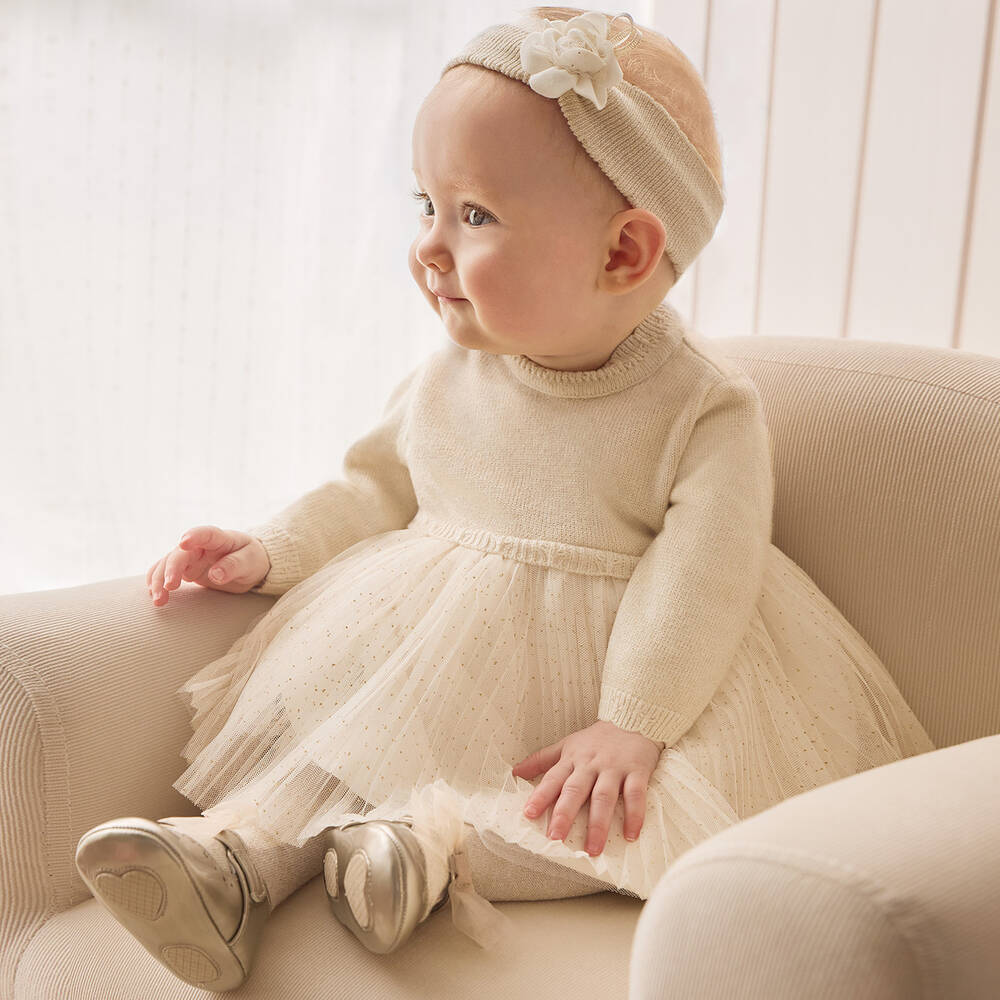 Mayoral-Baby Girls Beige & Gold Dot Tulle Dress | Childrensalon Outlet