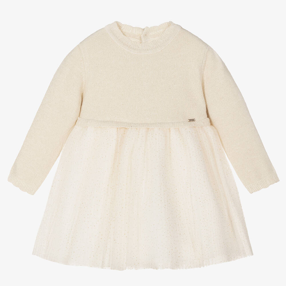 Mayoral - Robe beige et dorée en tulle à pois | Childrensalon