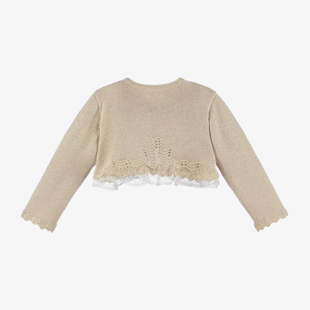 Mayoral-Baby Girls Beige Knit & Lace Cardigan | Childrensalon Outlet