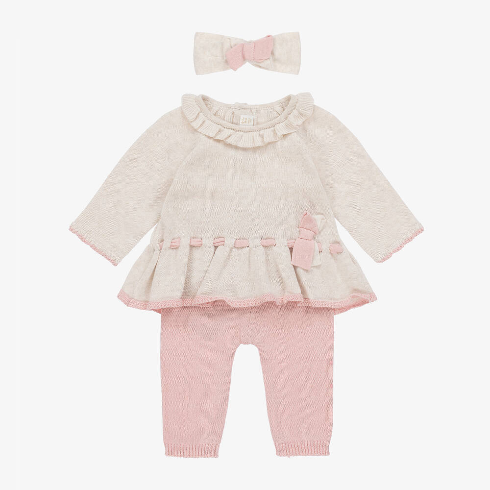 Mayoral - Baby Girls Beige & Pink Knit Trouser Set | Childrensalon