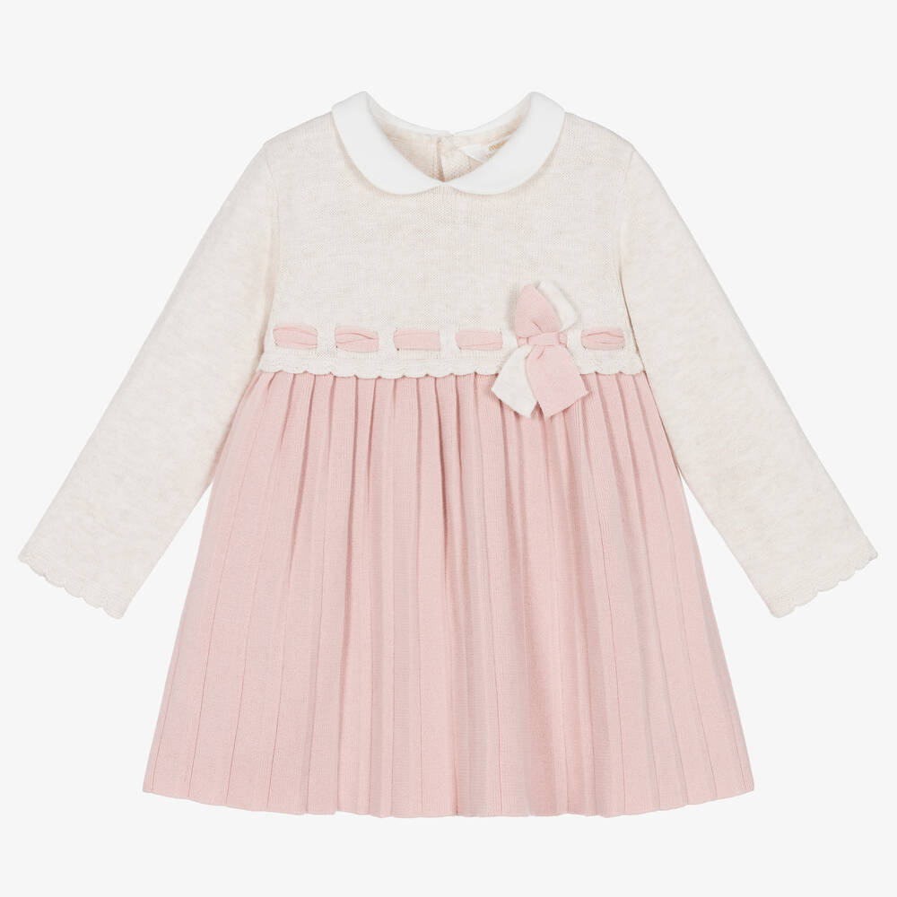 Mayoral - Baby Girls Beige & Pink Knitted Dress | Childrensalon