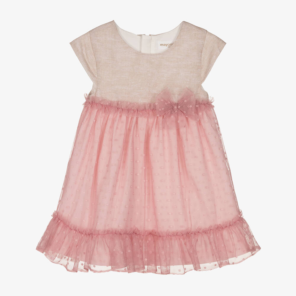 Mayoral - Baby Girls Beige & Pink Tulle Dress | Childrensalon