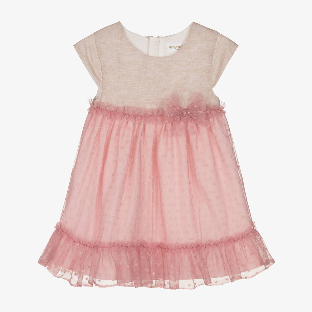 Mayoral-Baby Girls Beige & Pink Tulle Dress | Childrensalon Outlet
