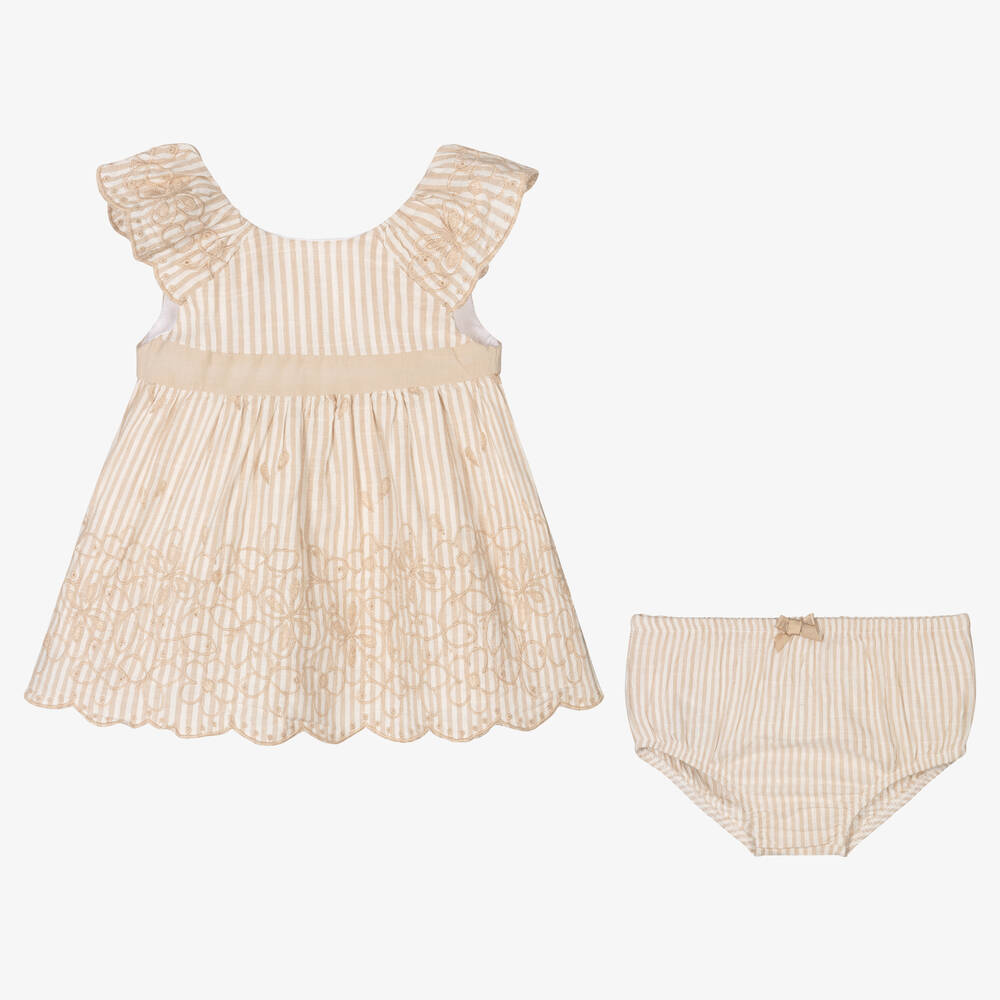 Mayoral-Baby Girls Beige Striped Dress | Childrensalon Outlet