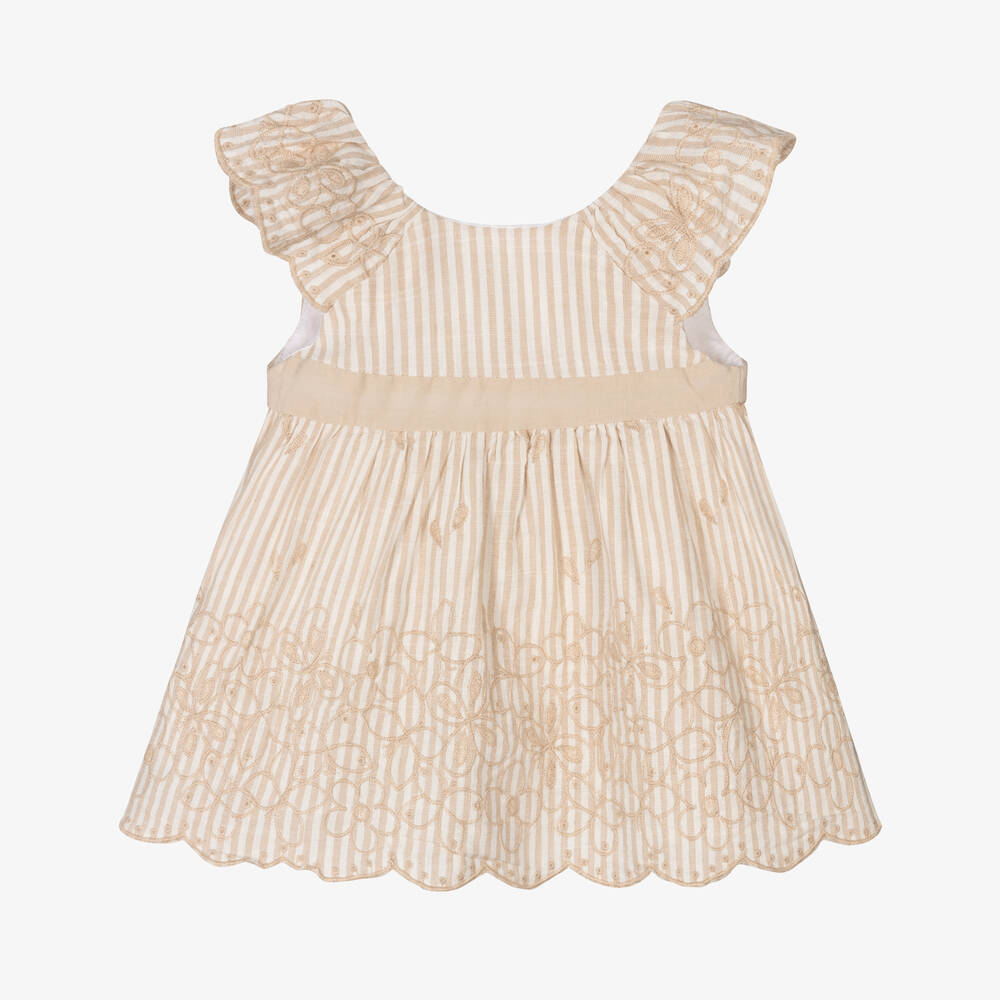 Mayoral-Baby Girls Beige Striped Dress | Childrensalon Outlet