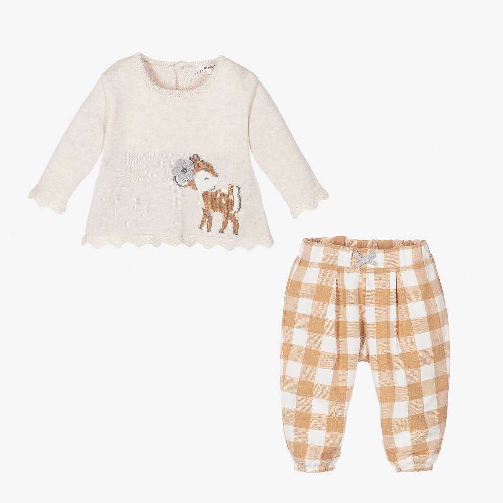 مايورال Newborn-طقم بنطلون قطن محبوك لون بيج وعاجي للمولودات | Childrensalon Outlet