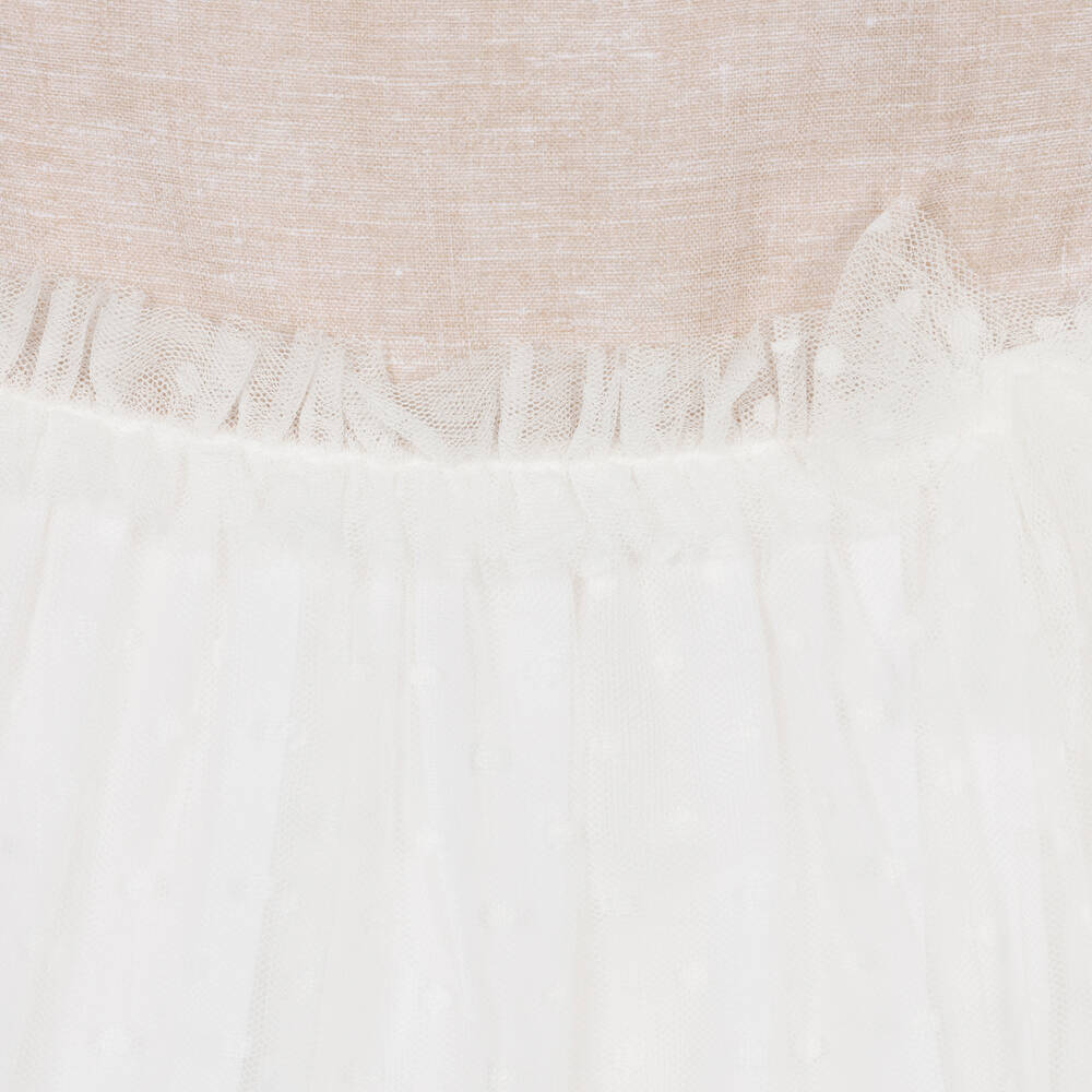 مايورال-فستان مزيج كتان وتول لون بيج وأبيض للمولودات | Childrensalon Outlet