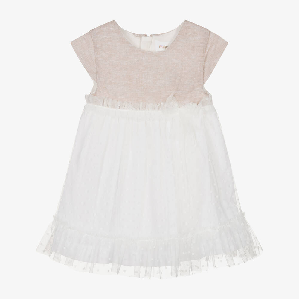 Mayoral - Baby Girls Beige & White Tulle Dress | Childrensalon