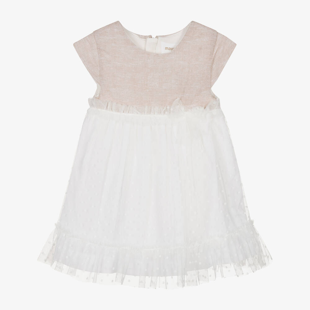 Mayoral-Baby Girls Beige & White Tulle Dress | Childrensalon Outlet