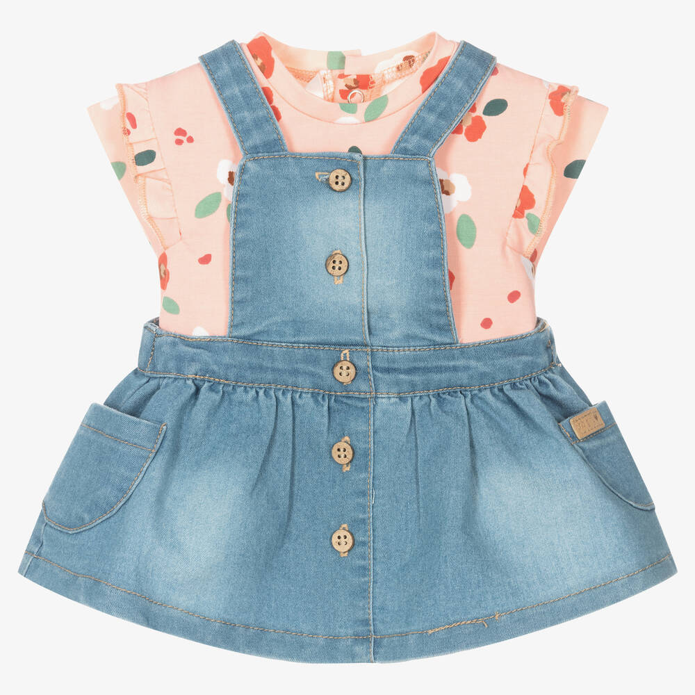 Mayoral - Baby Girls Blue Denim Pinafore Dress Set | Childrensalon