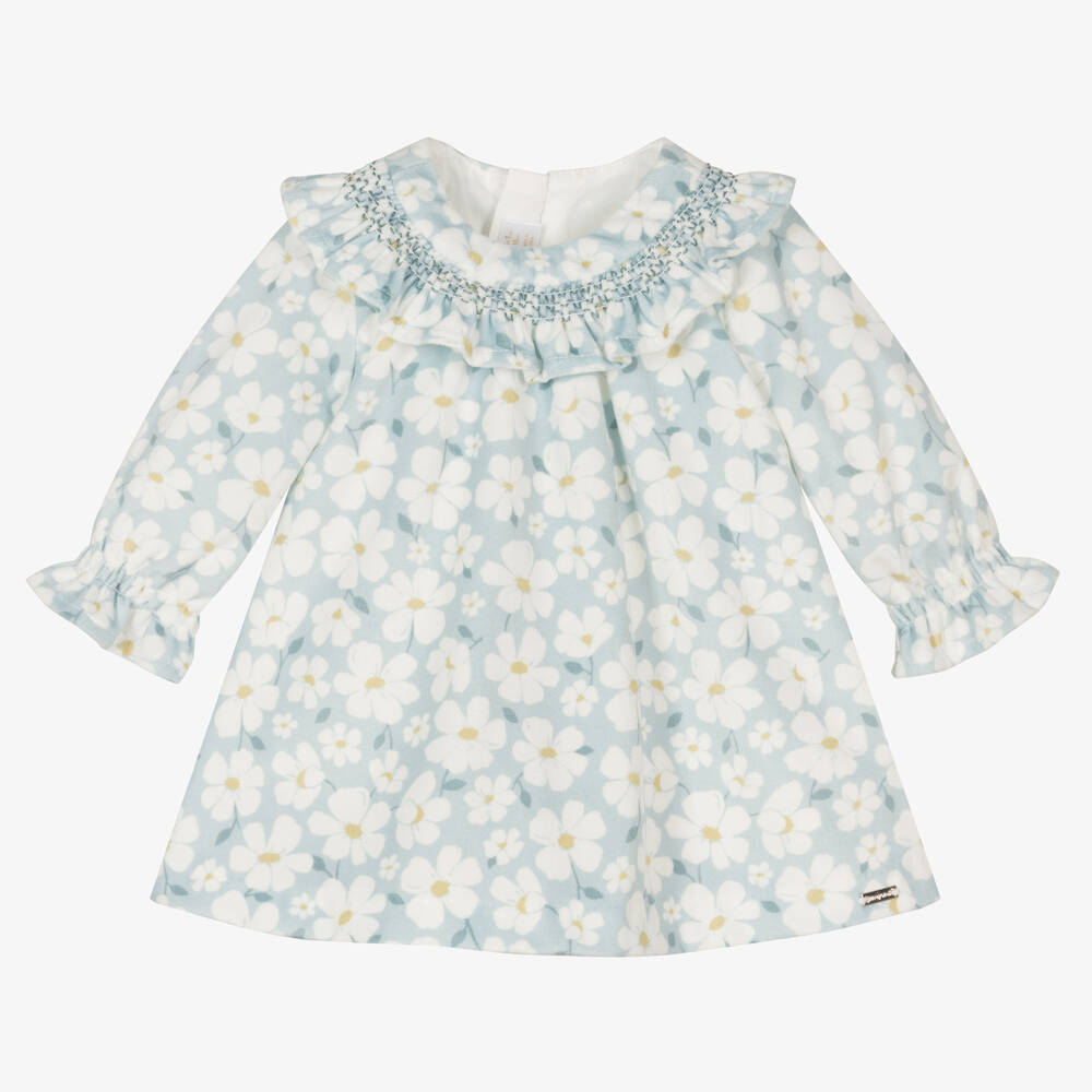 Mayoral-Baby Girls Blue Floral Velvet Dress | Childrensalon Outlet