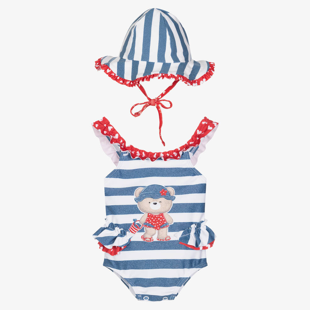 Mayoral - Baby Girls Blue Striped Swimsuit & Hat Set | Childrensalon