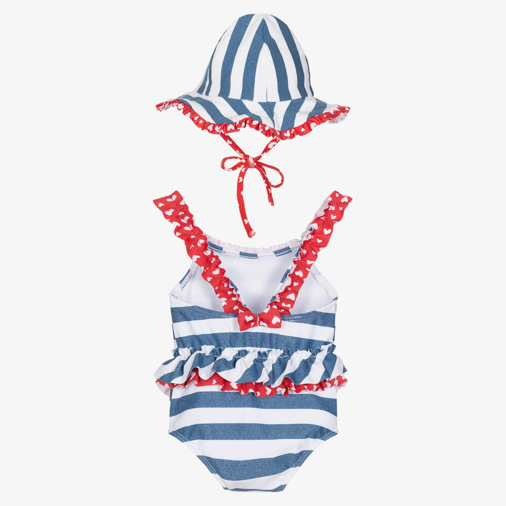 Mayoral Baby Girls Blue Striped Swimsuit Hat Set