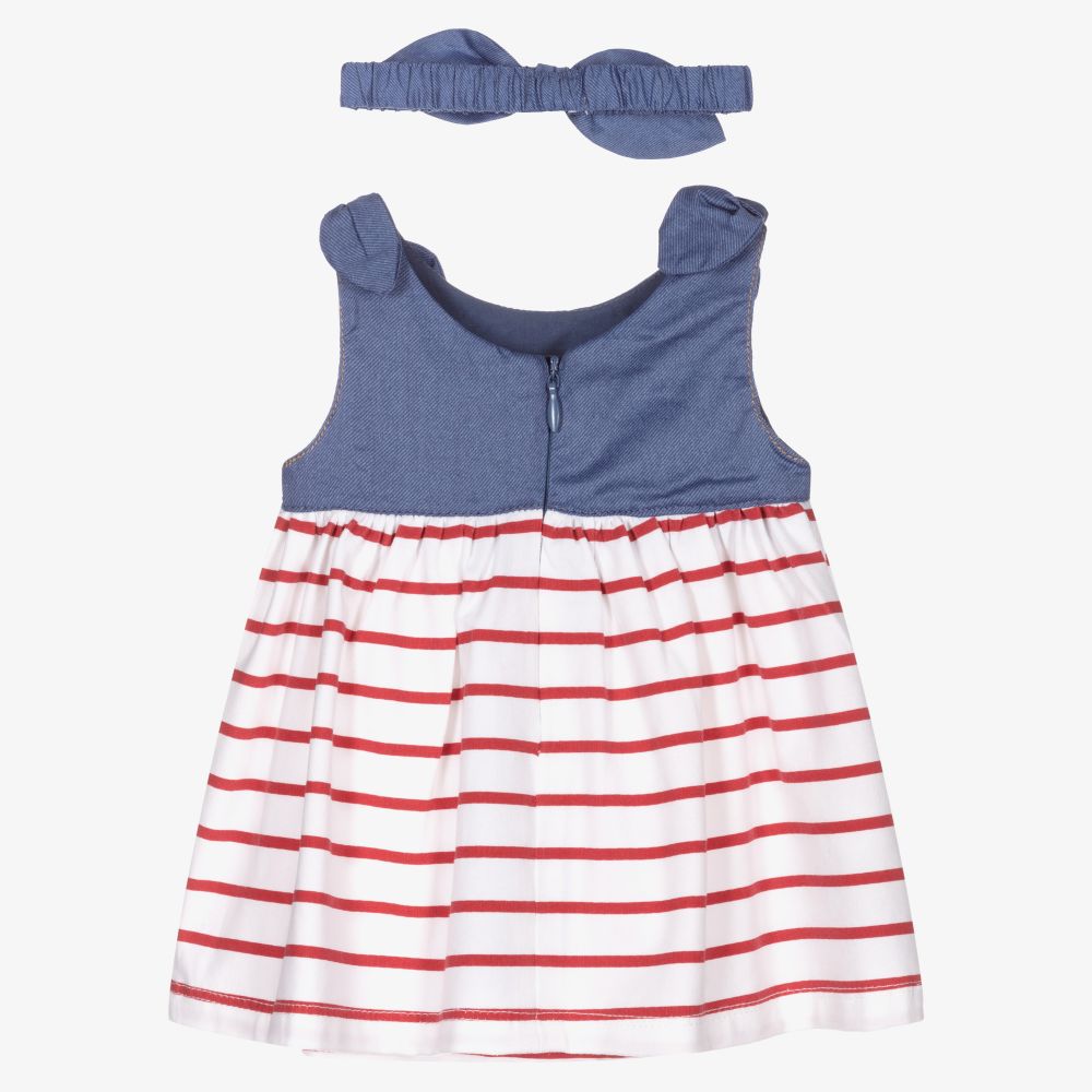 مايورال Newborn-طقم فستان قطن جيرسي لون أزرق ومقلم أحمر وعاجي للمولودات | Childrensalon Outlet