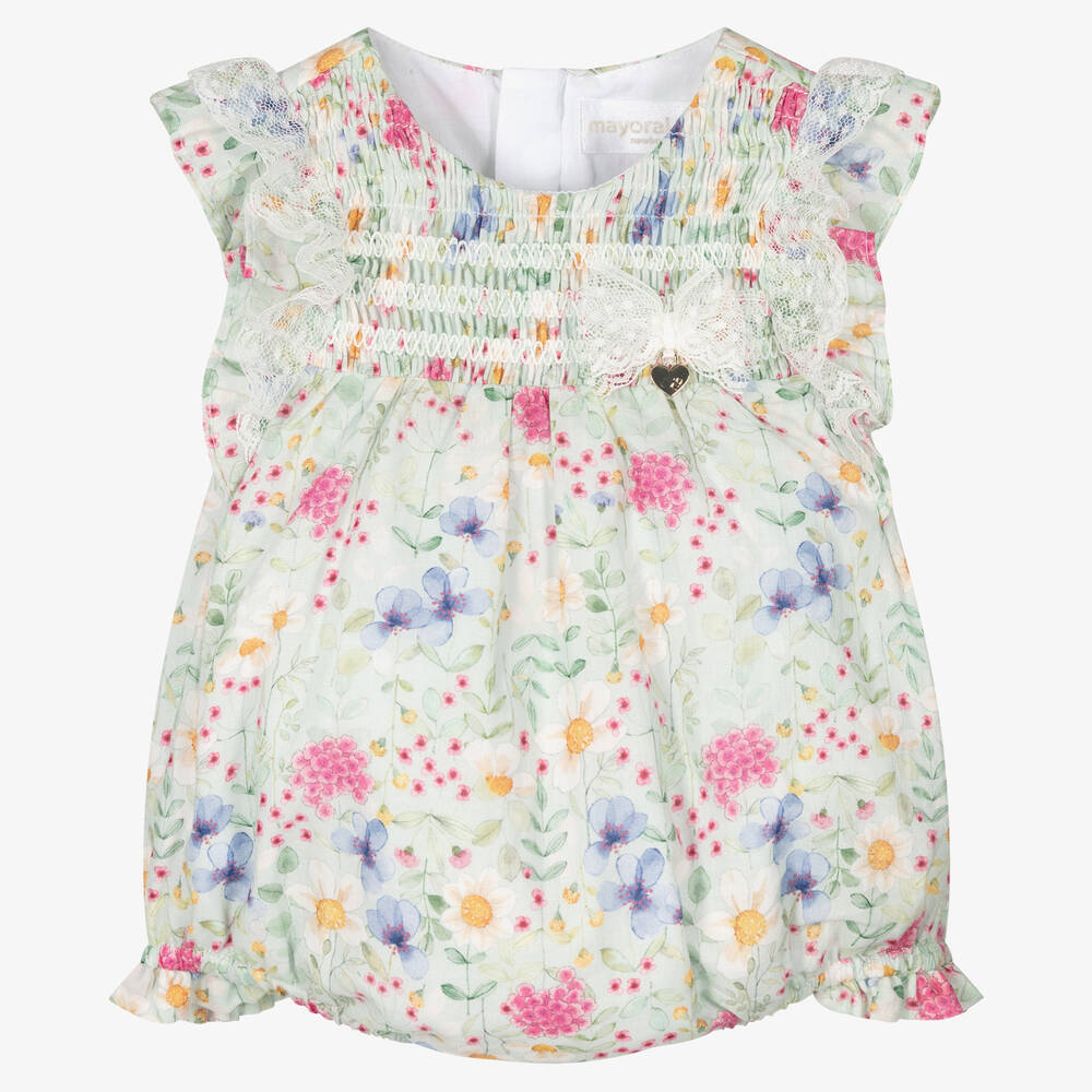 Mayoral - Baby Girls Green Cotton Floral Bodysuit | Childrensalon