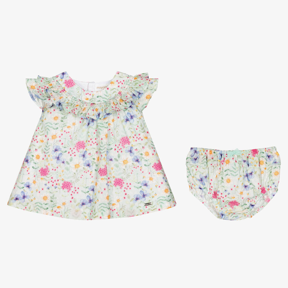 Mayoral-Baby Girls Green Cotton Floral Dress  | Childrensalon Outlet