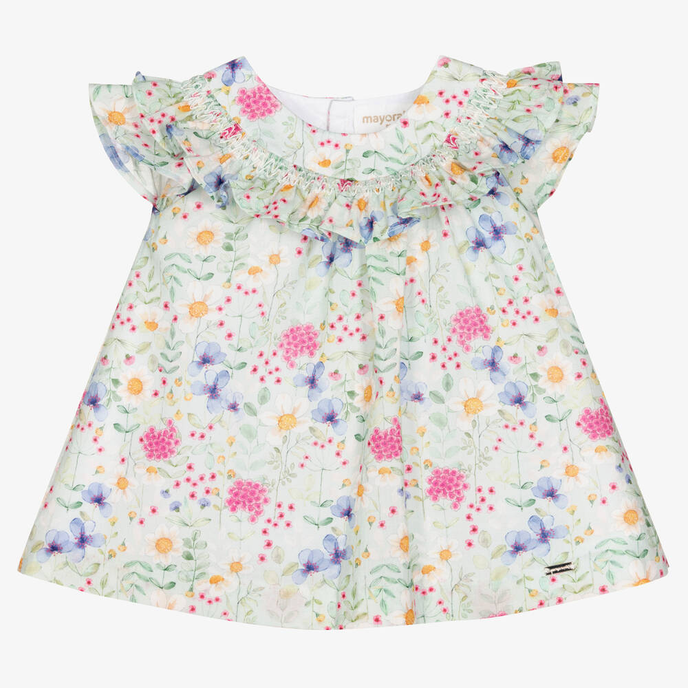 Mayoral - Baby Girls Green Cotton Floral Dress  | Childrensalon