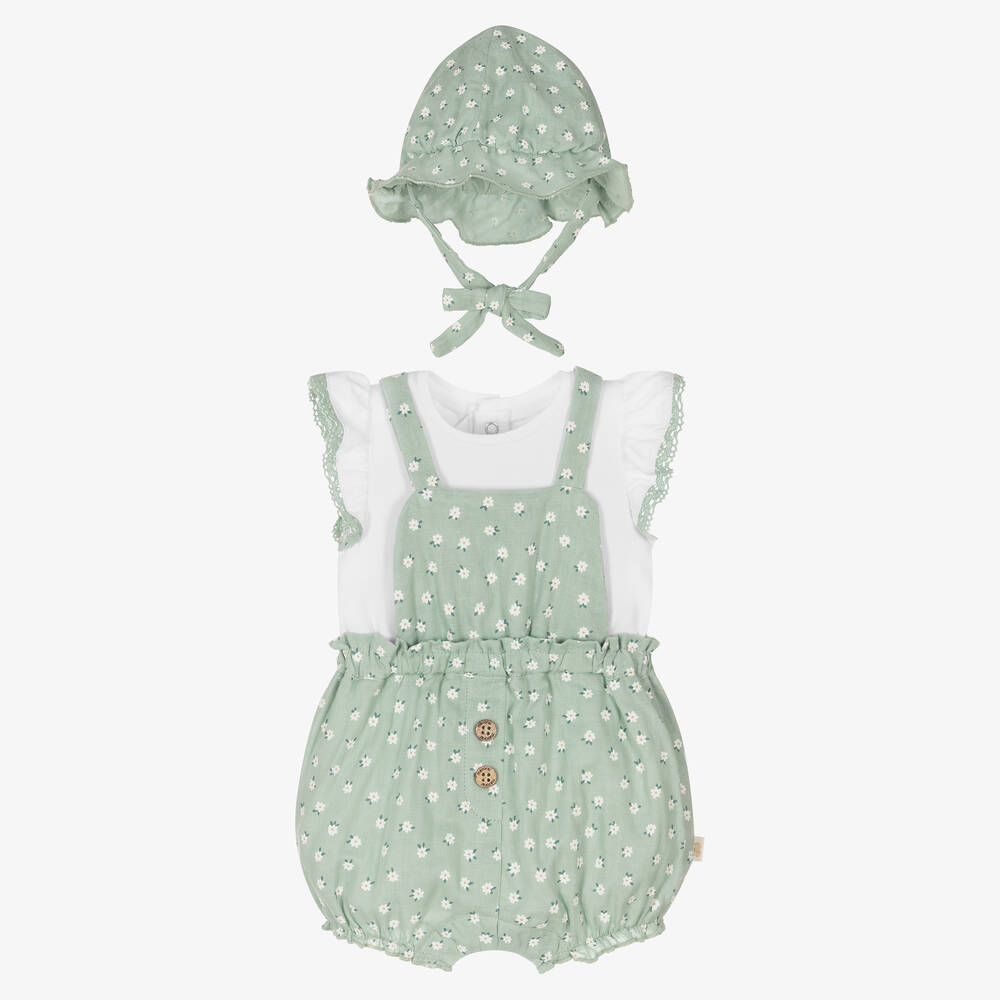 Mayoral - Baby Girls Green Floral Dungaree Shorts Set  | Childrensalon