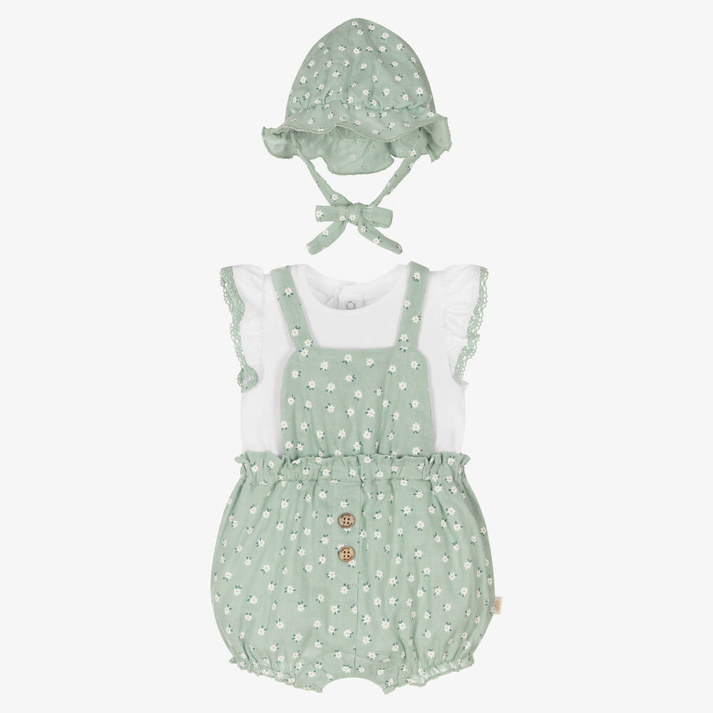 Mayoral-Baby Girls Green Floral Dungaree Shorts Set  | Childrensalon Outlet