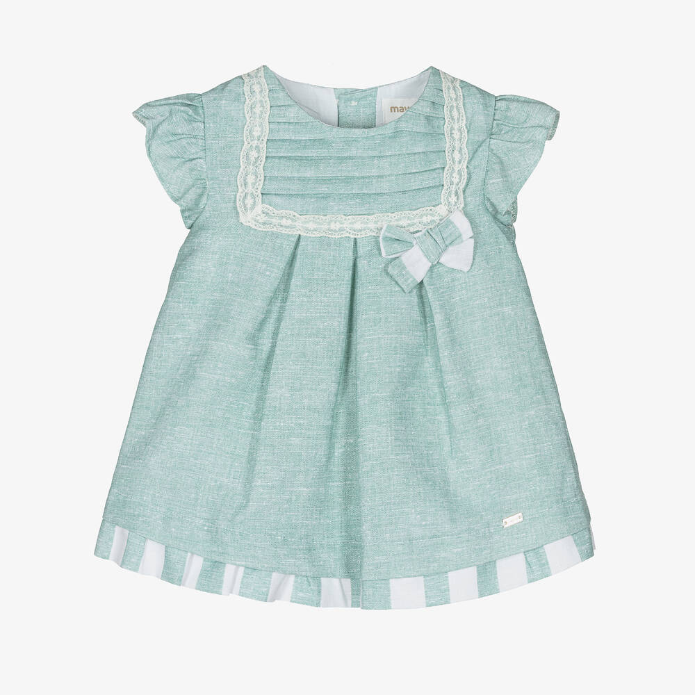 Mayoral - Зеленое льняное платье для малышек  | Childrensalon
