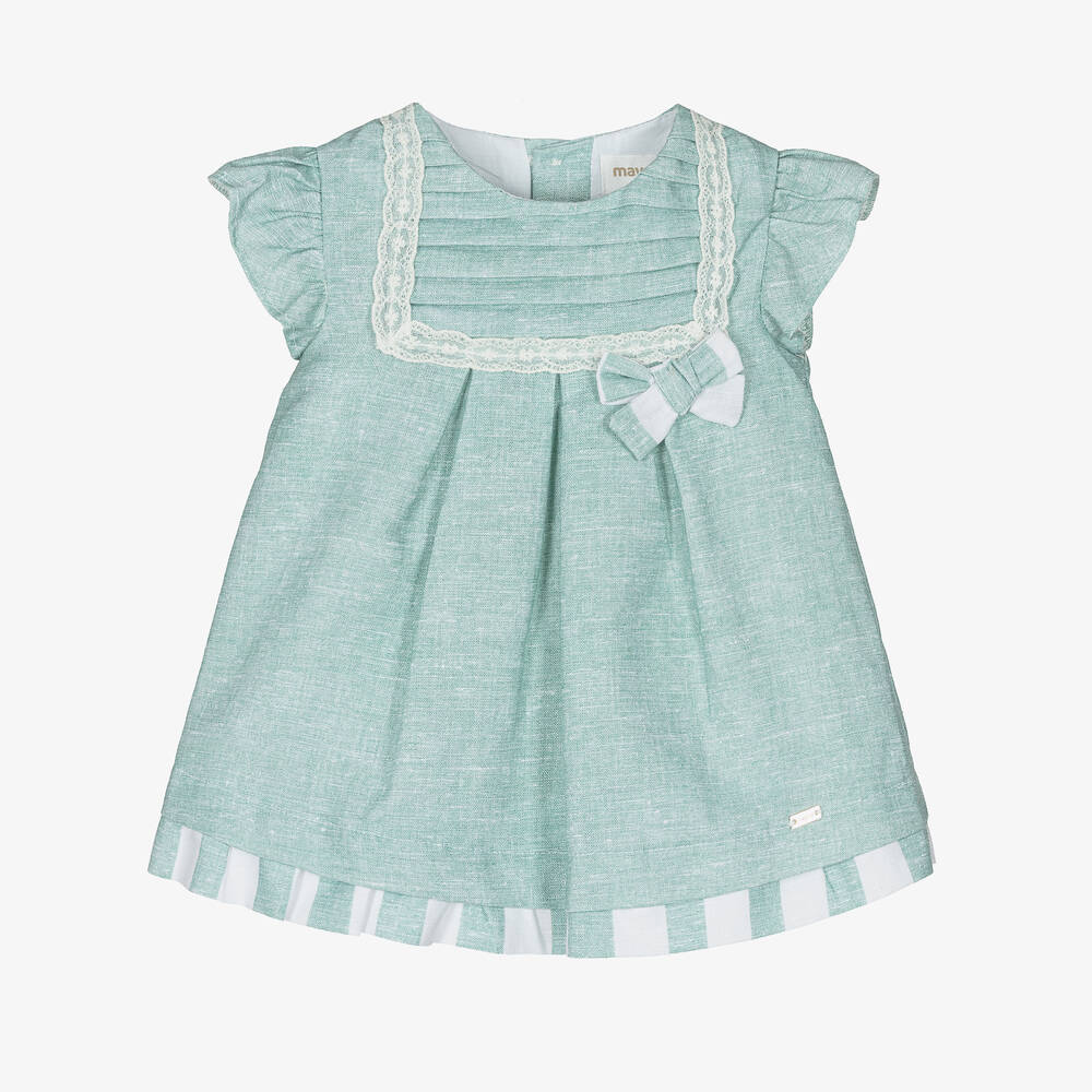 Mayoral - Robe verte en lin bébé  | Childrensalon