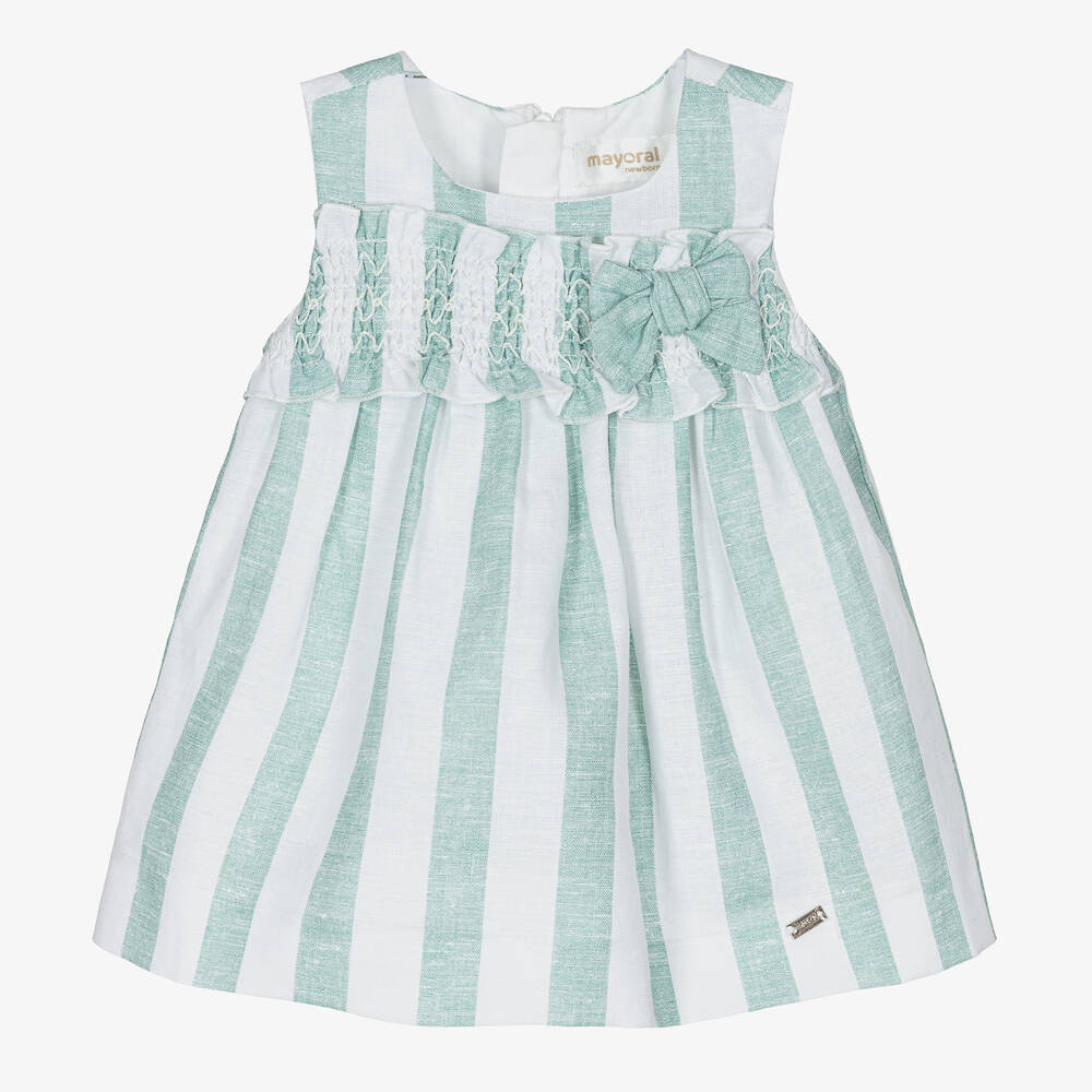 Mayoral - Бело-зеленое льняное платье в полоску для малышек | Childrensalon