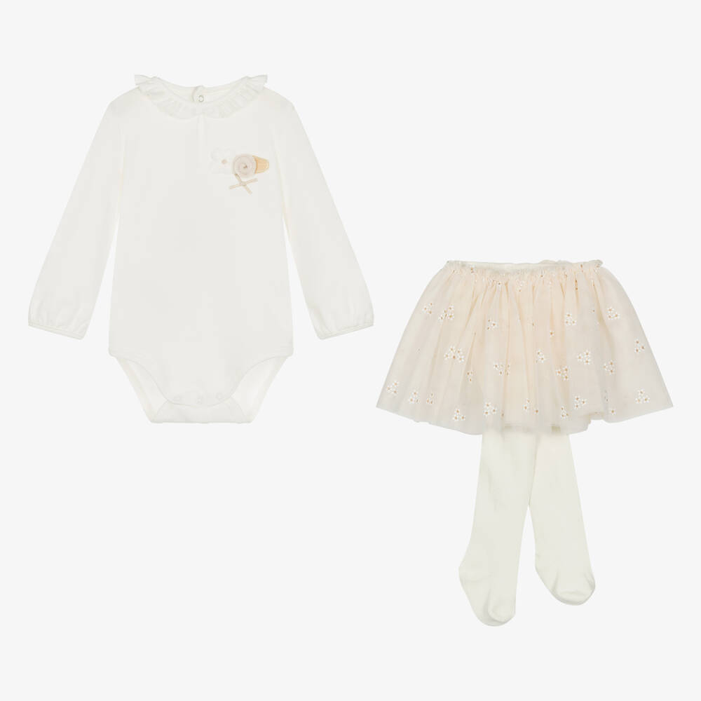 Mayoral-طقم أفرول قطن وتول لون عاجي وبيج للمولودات | Childrensalon Outlet