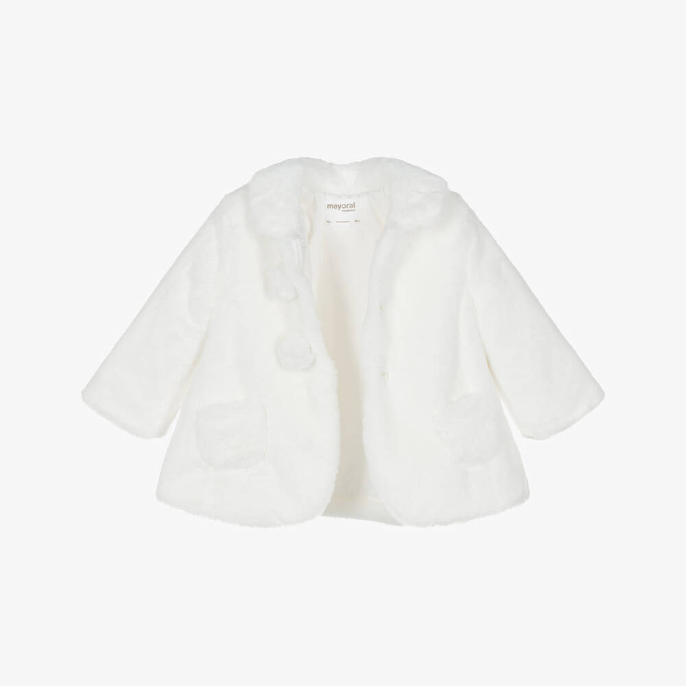Mayoral Newborn-Baby Girls Ivory Faux Fur Coat with Pom-Poms | Childrensalon Outlet