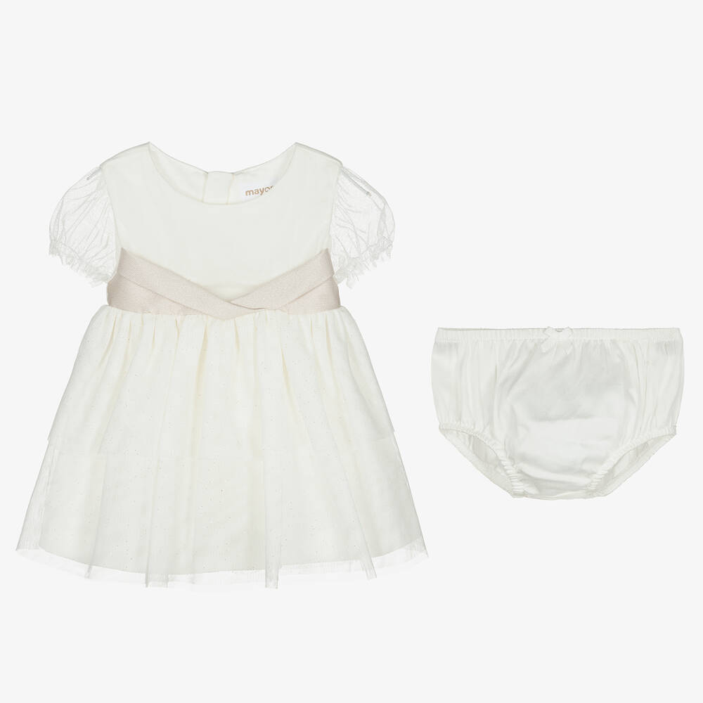 Mayoral-Baby Girls Ivory Glitter Tulle Dress | Childrensalon Outlet