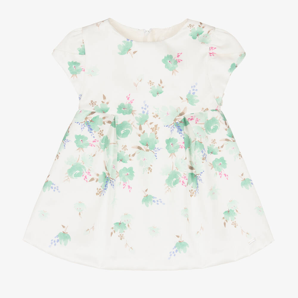 Mayoral - Baby Girls Ivory & Green Floral Satin Dress | Childrensalon