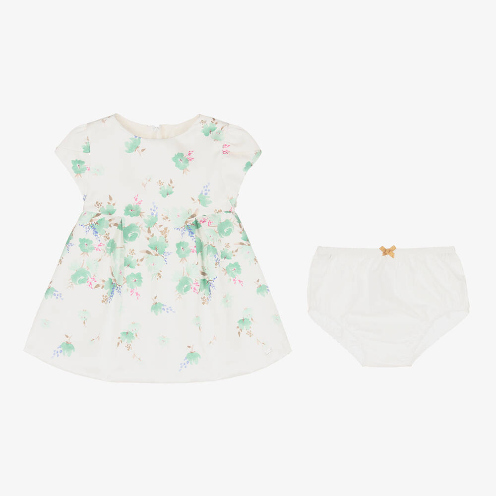 Mayoral-Baby Girls Ivory & Green Floral Satin Dress | Childrensalon Outlet