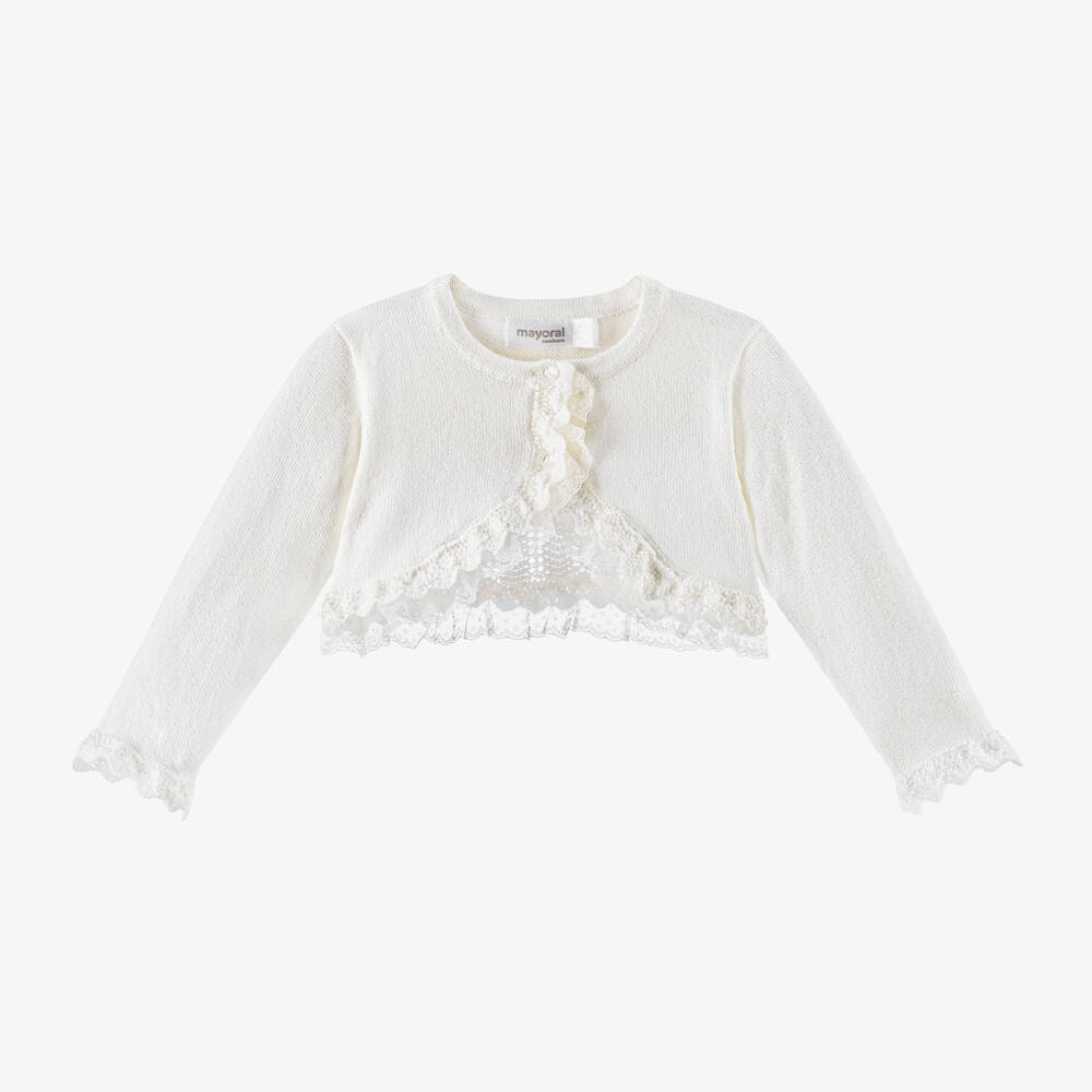 Mayoral-Baby Girls Ivory Knit & Lace Cardigan | Childrensalon Outlet