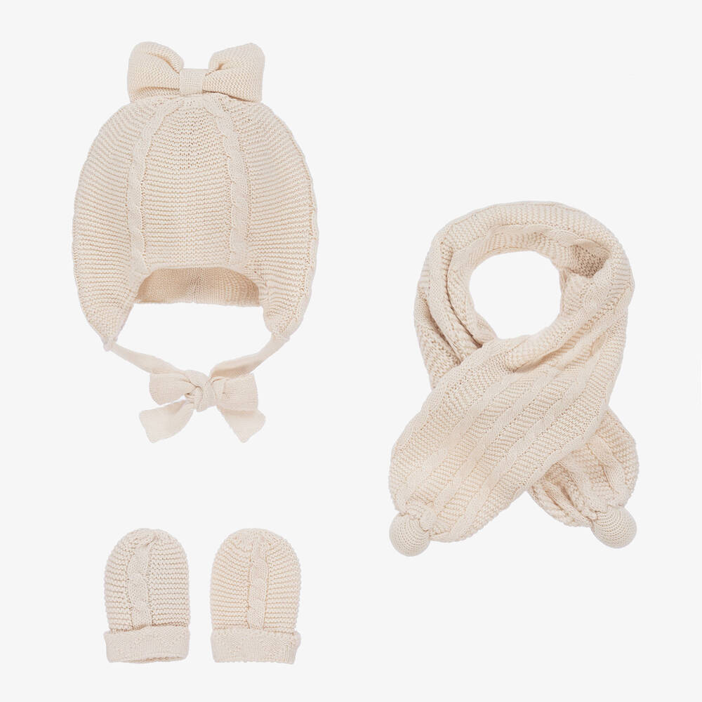 Mayoral - Baby Girls Ivory Knitted Cotton Hat Set | Childrensalon