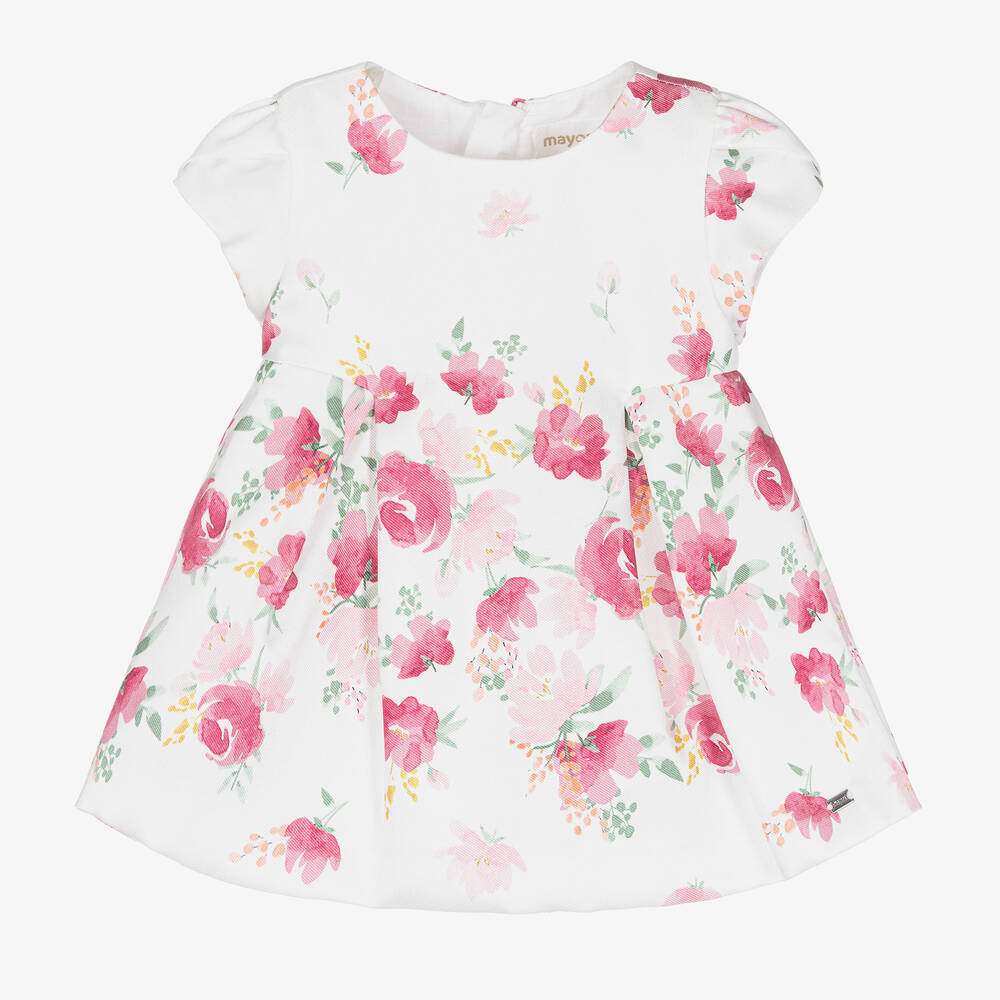 Mayoral - Baby Girls Ivory & Pink Floral Satin Dress | Childrensalon