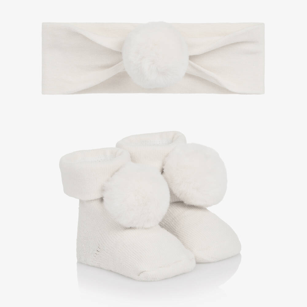 Mayoral Newborn-Baby Girls Ivory Pom Pom Headband & Booties Set | Childrensalon Outlet