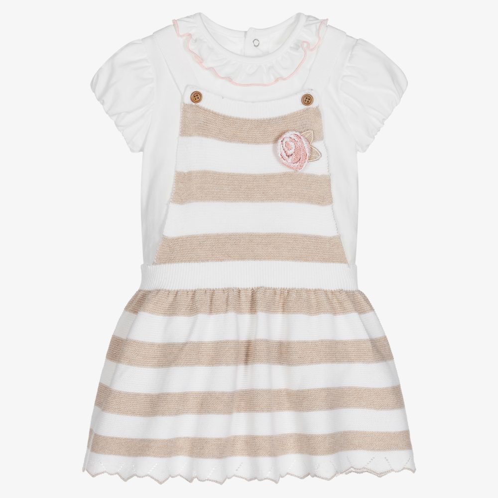 Mayoral Newborn - طقم فستان بينافور قطن محبوك لون بيج وأبيض للمولودات  | Childrensalon