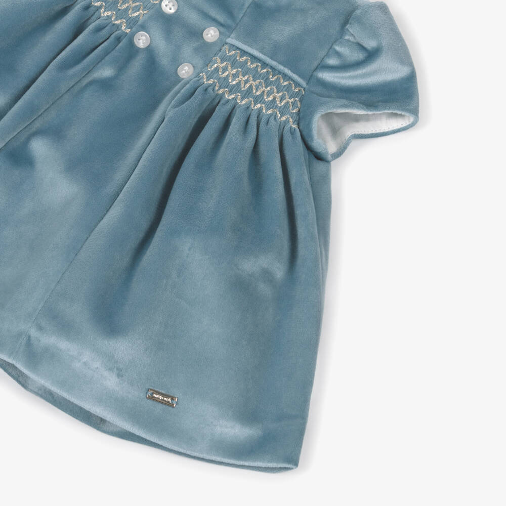 Mayoral Newborn-Baby Girls Pale Blue Smocked Velvet Dress | Childrensalon Outlet