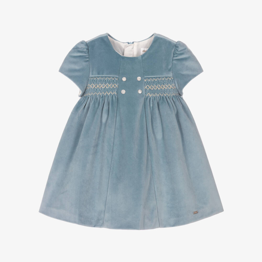 Mayoral Newborn-Baby Girls Pale Blue Smocked Velvet Dress | Childrensalon Outlet