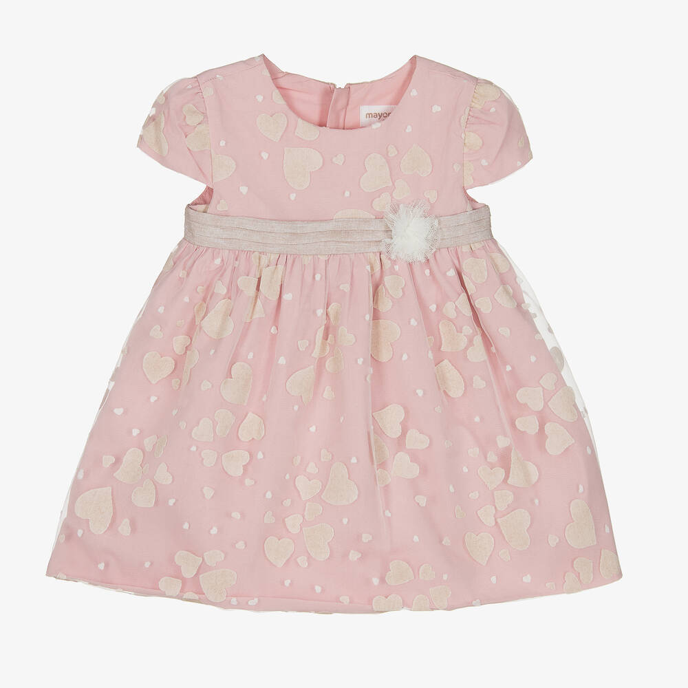 Mayoral-Baby Girls Pink & Beige Heart Organza Dress | Childrensalon Outlet