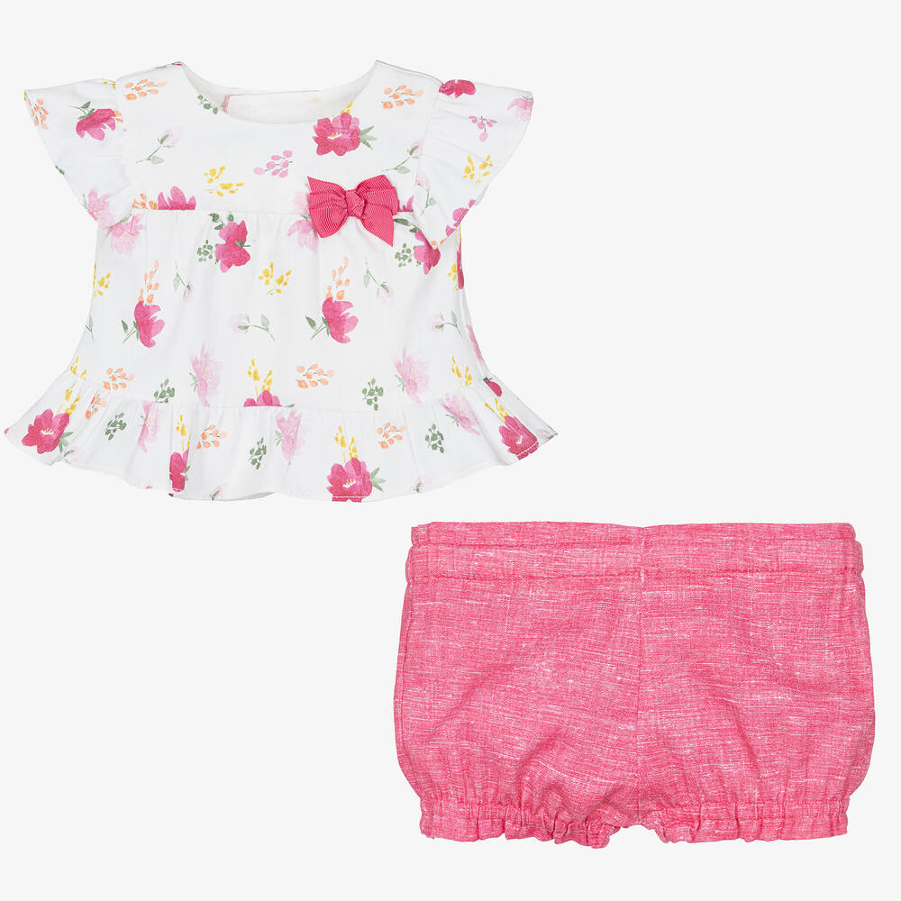 Mayoral-Baby Girls Pink Cotton Floral Shorts Set | Childrensalon Outlet