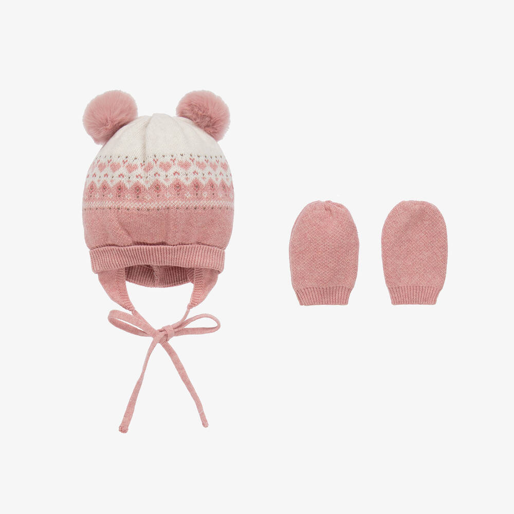 Mayoral - Baby Girls Pink Cotton Hat & Mittens Set | Childrensalon