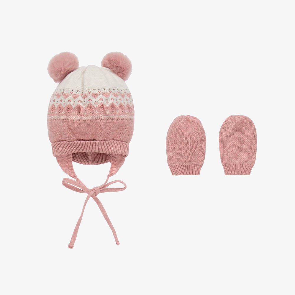 Mayoral - Bonnet et moufles roses en coton | Childrensalon